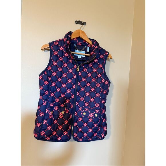 Draper James Size M Quilted Puffer Vest Blue Pink Floral Preppy Casual Layer - Picture 2 of 8